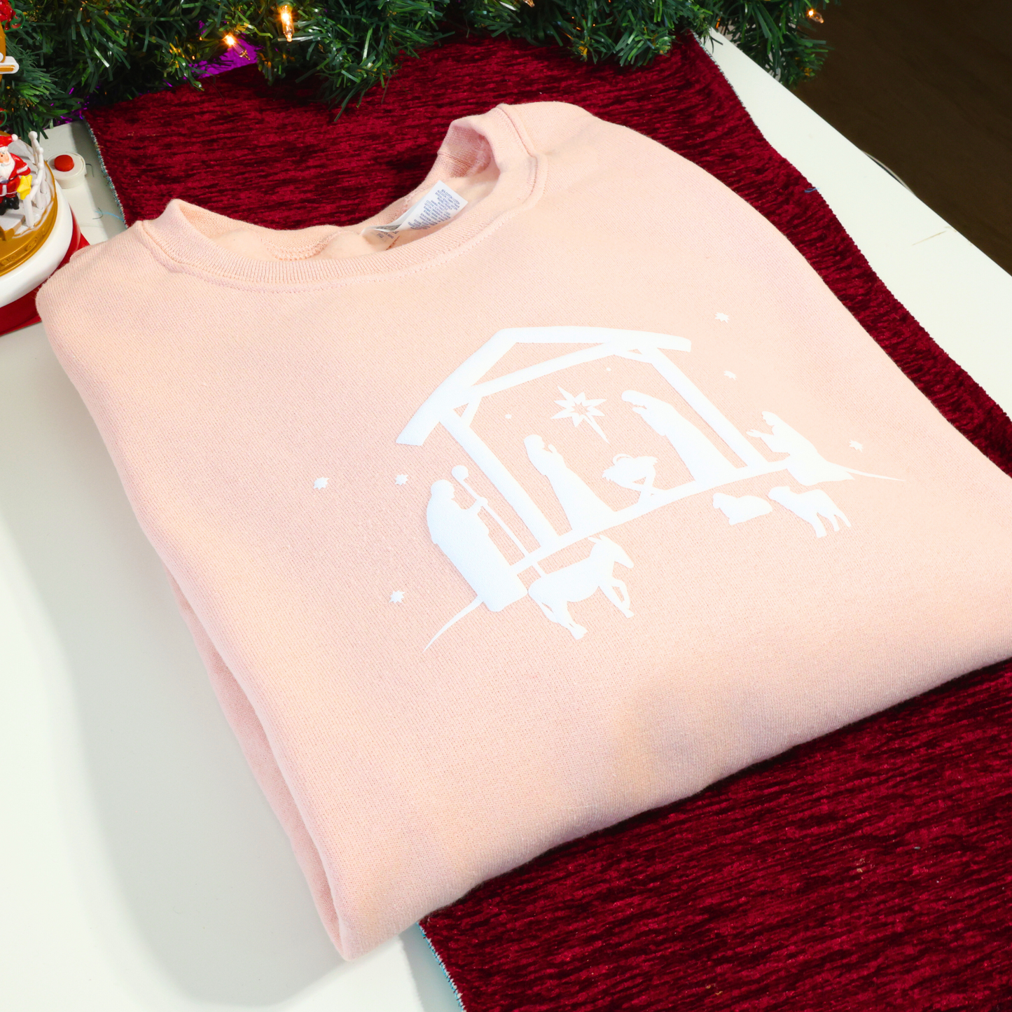 Nativity Scene Embossed Style - Blush Pink Retro Cozy Sweater - Christmas Sweater