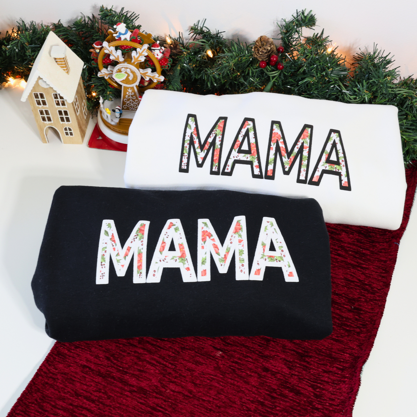 MAMA Poinsettia Floral Pattern - Cozy Christmas Sweater - Embossed Style