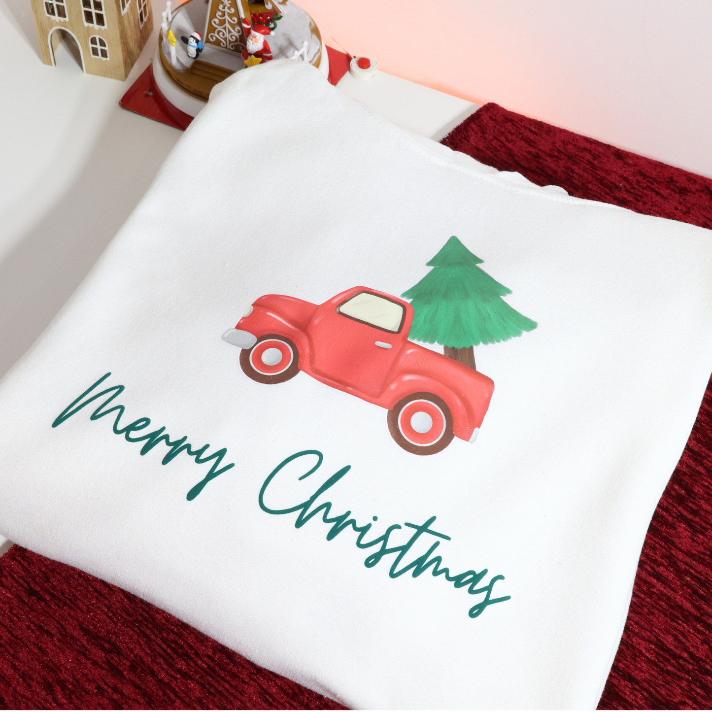 Merry Christmas Classic Crewneck - Retro Cozy Sweater - Water Color Merry Christmas Red Truck