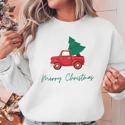 Merry Christmas Classic Crewneck - Retro Cozy Sweater - Water Color Merry Christmas Red Truck