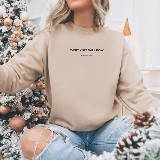 Embossed Every Knee Will Bow - Bible Verse Crewneck Sweater - Phil. 2:10-11